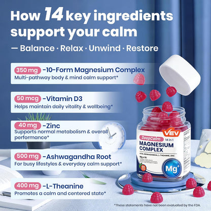 Deep Calm Magnesium Complex Gummies - 14 in 1 Ingredients For A Calmer Daily Routine (90 Gummies)